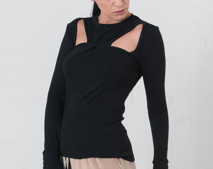 Cut Out Top / Thumb Hole Top / Black Cut Out Top / 21st Birthday Gift for Her / Xmas Gift for Wife / Tight Top/Sexy Gothic Clothing METT0225