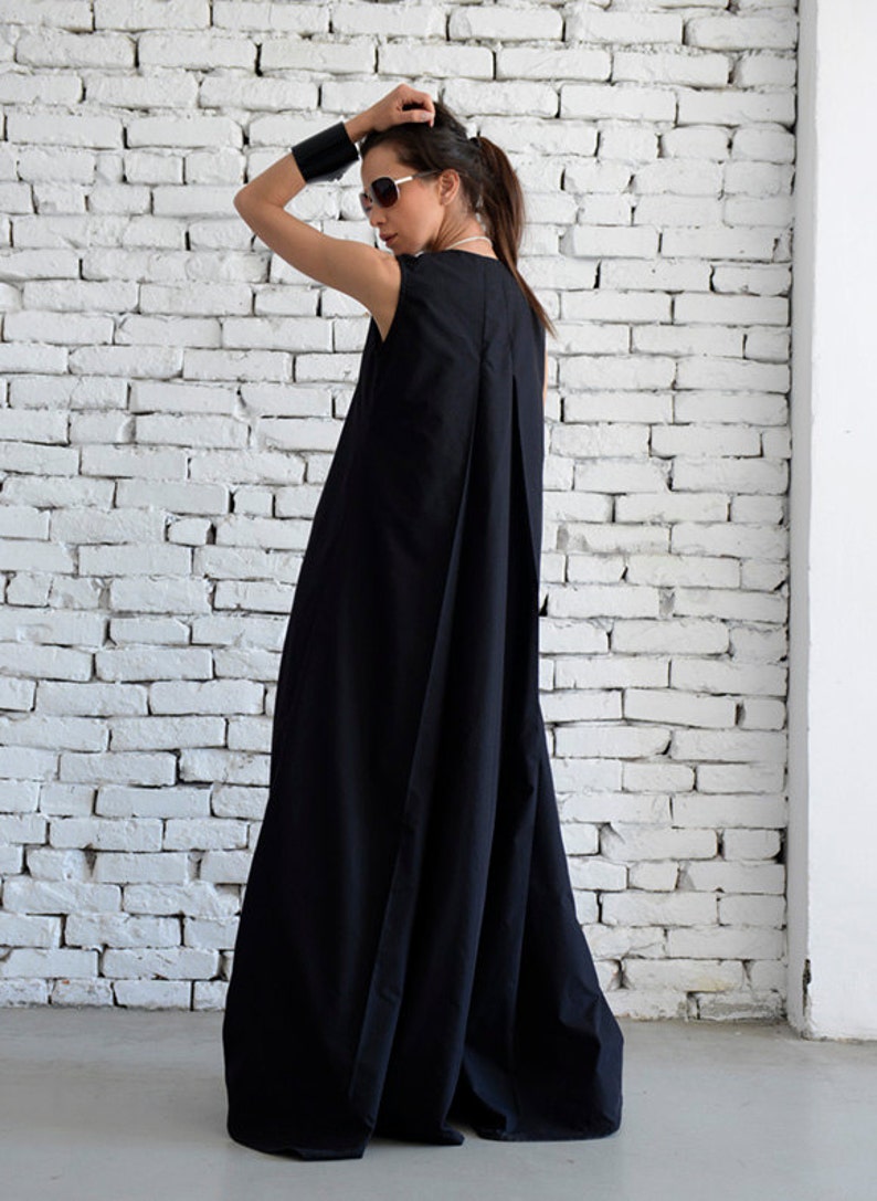 Plus Size Maxi Dress/Loose Kaftan/Casual Sleeveless Dress/Front Zipper Black Dress/Oversize Tunic/No Sleeve Cotton Dress/Everyday Dress image 5