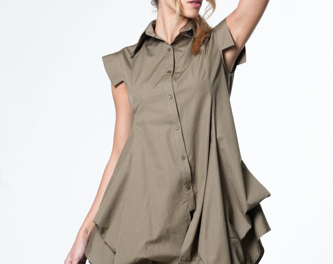Asymmetrical Top / Olive Green Top / Elegant Top / Summer Time Shirt / Oversized Top / Ruffle Shirt / Sleeveless Shirt / Romantic Blouse