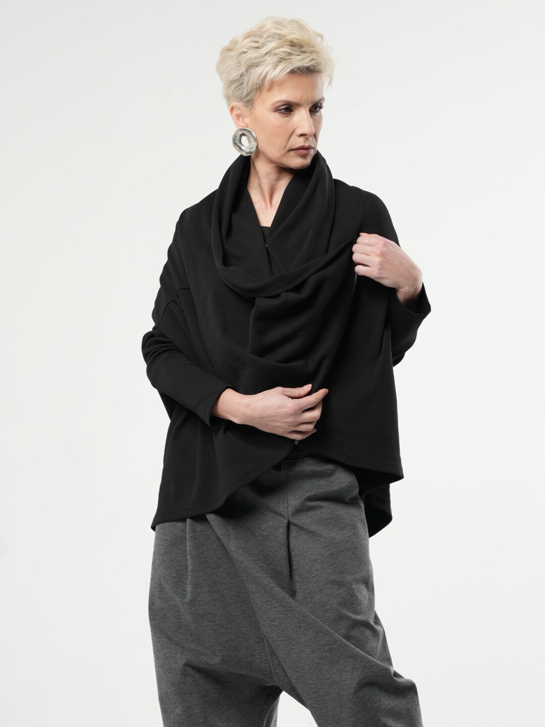 Black Loose Cardigan / Asymmetric Cardigan With Side Zipper METC0057 - Etsy