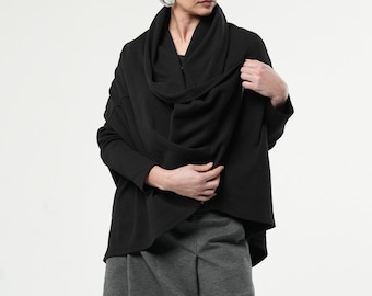 Black Loose Cardigan / Asymmetric Cardigan With Side Zipper METC0057