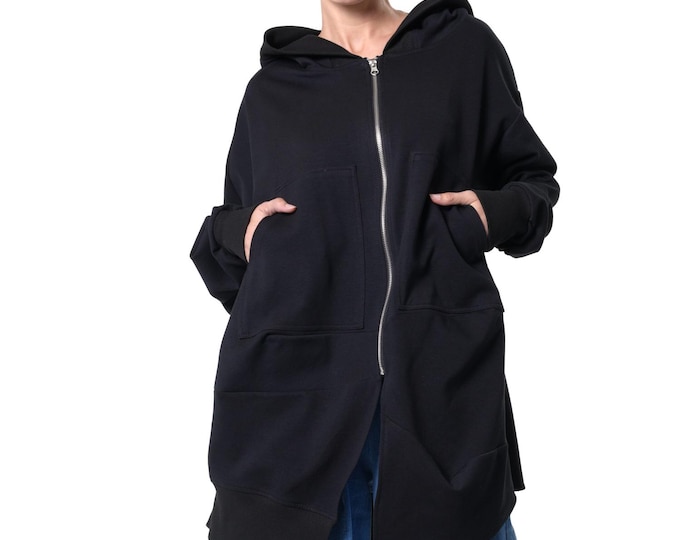 Asymmetric Zip-Up Sweatshirt / Black Cotton Cardigan METC0145