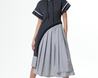 Striped Summer Dress with Hood and Drawstrings METD0214