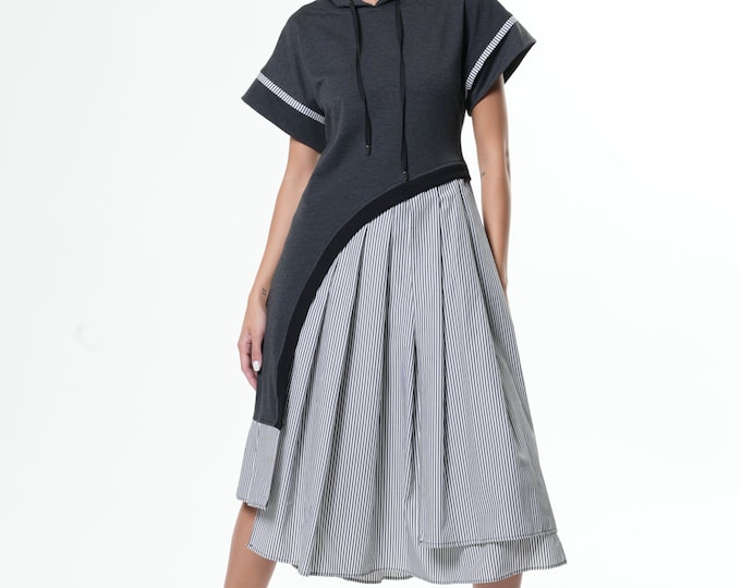 Striped Summer Dress with Hood and Drawstrings METD0214