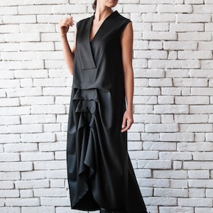 Asymmetric Black Dress / Loose V Neck Dress / Sleeveless Maxi Dress With Drapings METD0016