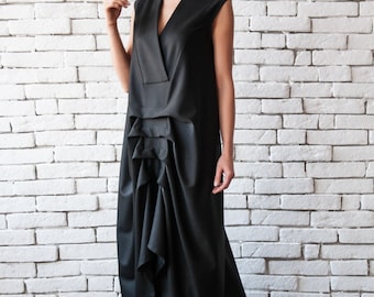Asymmetric Black Dress / Loose V Neck Dress / Sleeveless Maxi Dress With Drapings METD0016