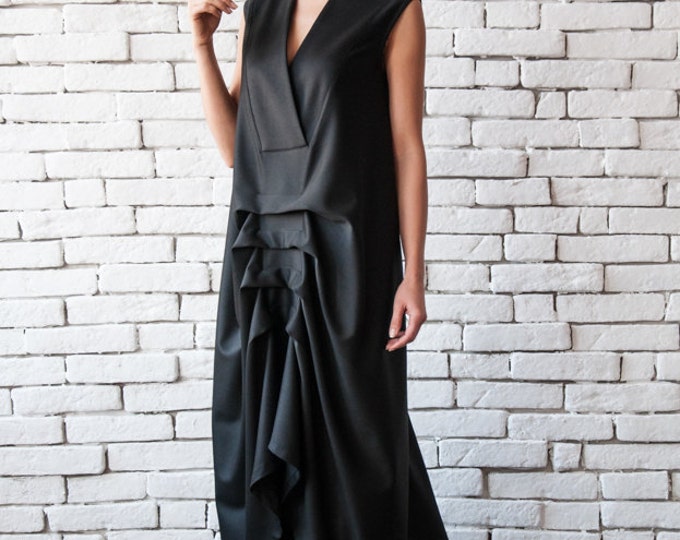 Asymmetric Black Dress / Loose V Neck Dress / Sleeveless Maxi Dress With Drapings METD0016