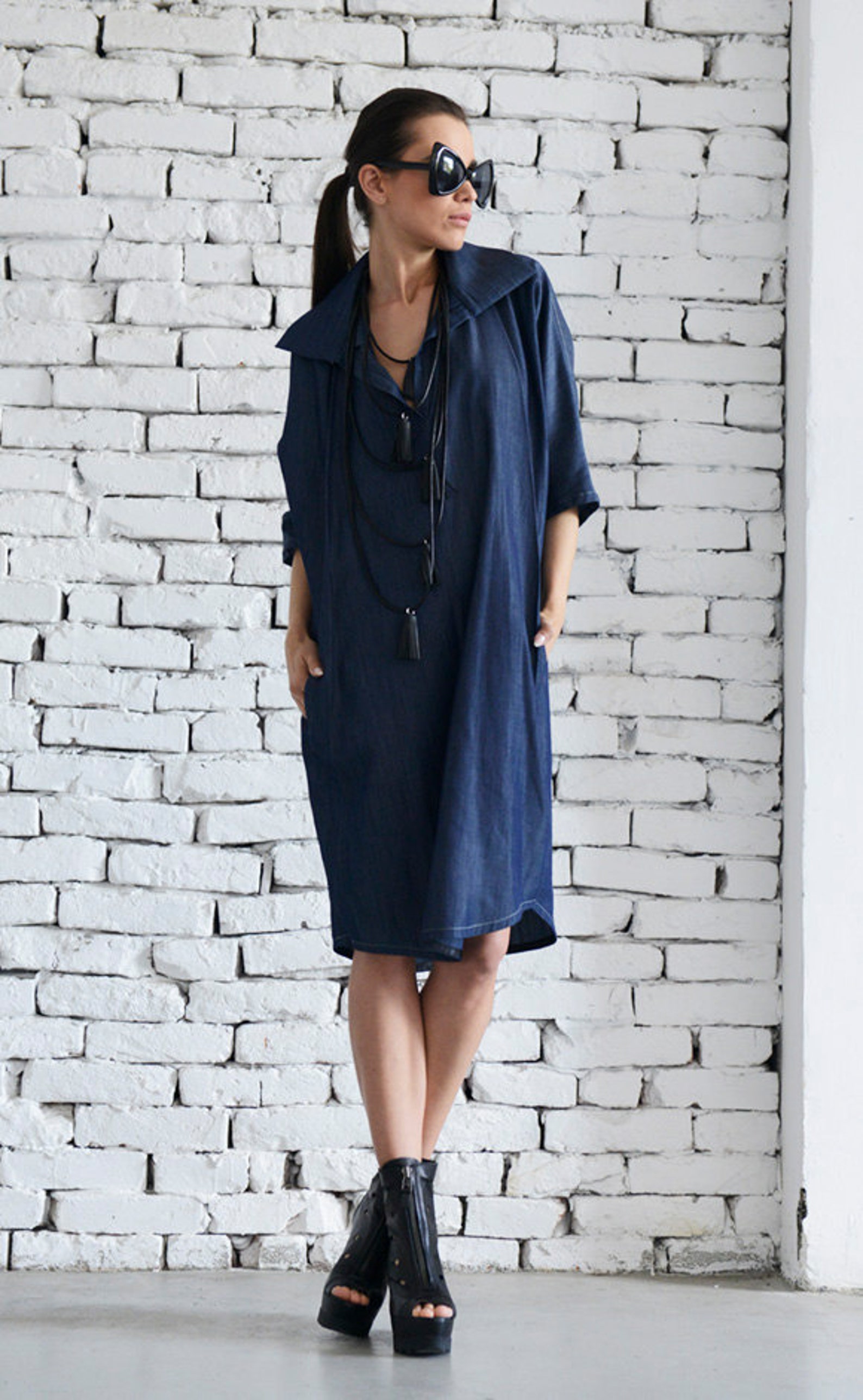 Denim Tunic Dress/Maxi Long Top/Tunic Dress with Collar/Denim Etsy
