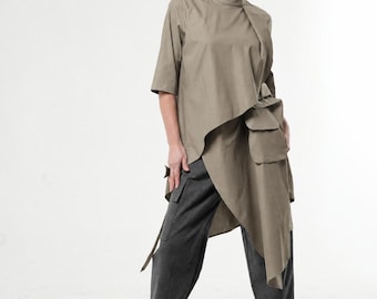 Asymmetrical Cotton Tunic Shirt: Khaki, Loose Fit, Avant Garde Clothing METSh0002