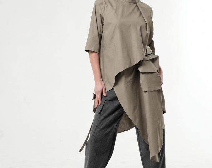 Asymmetrical Cotton Tunic Shirt: Khaki, Loose Fit, Avant Garde Clothing METSh0002