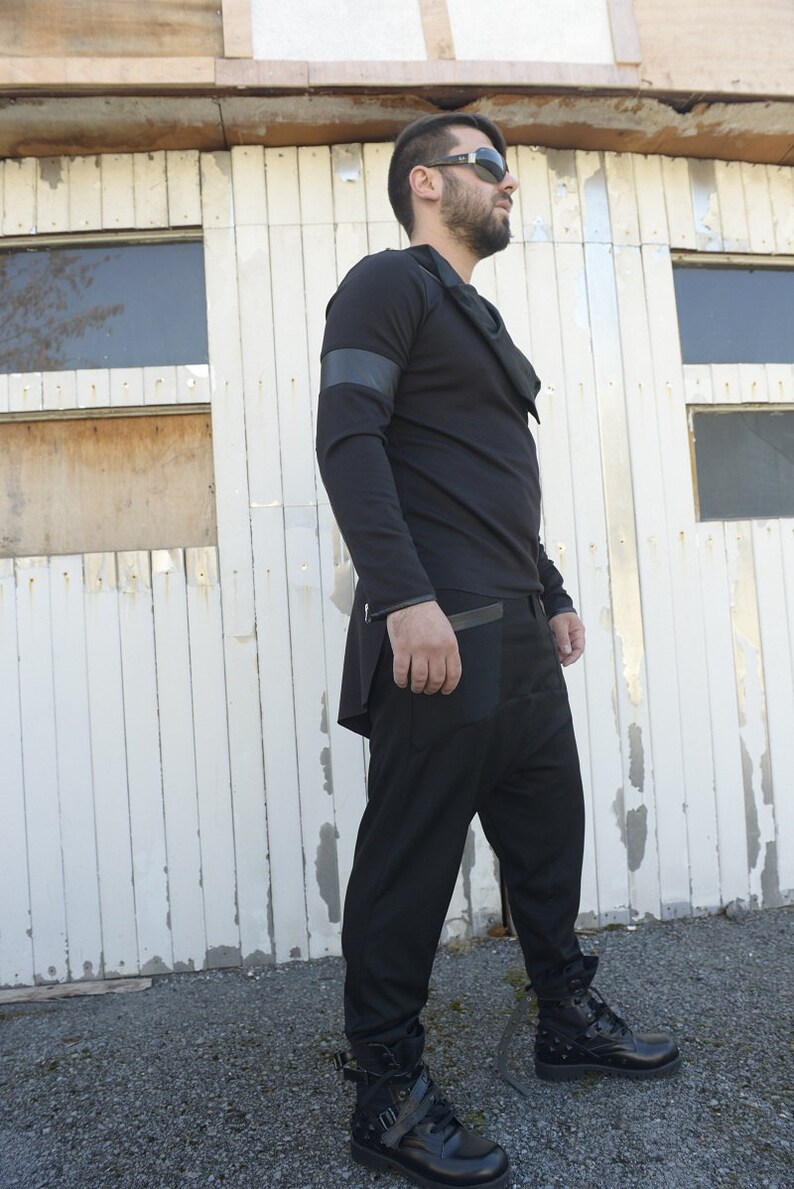 SALE Men Tunic With Collar Black Asymmetric Blouse Long Sleeve Tunic Leather Design Top Available in Plus Sizes Large Collar Black