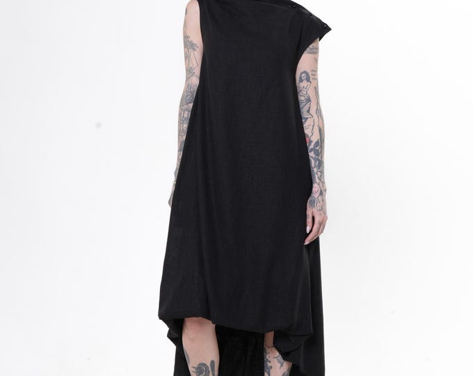Linen Balloon Dress with Asymmetric Silhouette In Black METD0273