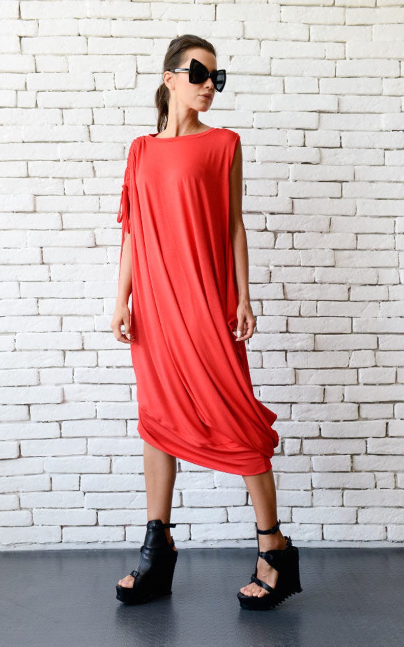 Red Loose Kaftan/Plus Size Maxi Dress/Asymmetric Tunic /Red Oversize Dress/Casual Everyday Dress/Summer Red Dress/Oversize Midi Red Dress image 6