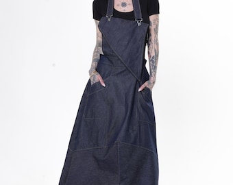 Avant-Garde Denim Pinafore Dress - Long Jean Skirt - METD0277
