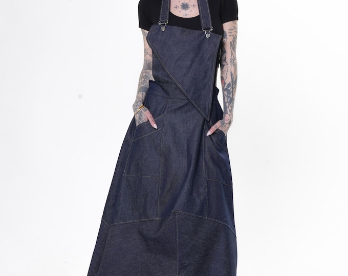 Avant-Garde Denim Pinafore Dress - Long Jean Skirt - METD0277