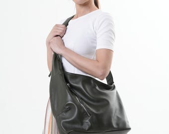 Genuine Leather Crossbody / Khaki Leather Bag / Asymmetric Leather Bag - METB0061