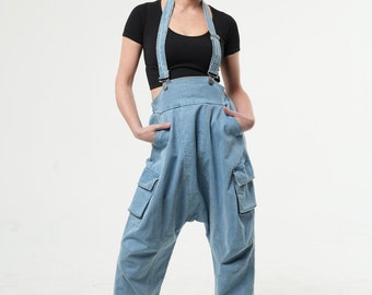 Oversized Light Denim Jumpsuit / Harem Pants With Suspenders / Loose Denim Jumpsuit