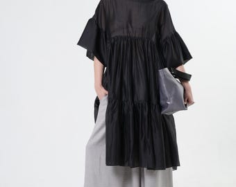 Oversize Sheer Tunic In Black / Draped Transparent Tunic Top METT0275_Black