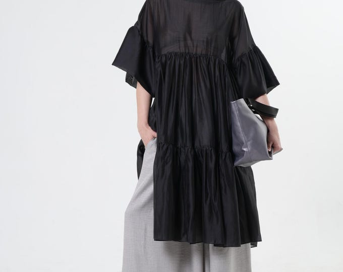 Oversize Sheer Tunic In Black / Draped Transparent Tunic Top METT0275_Black