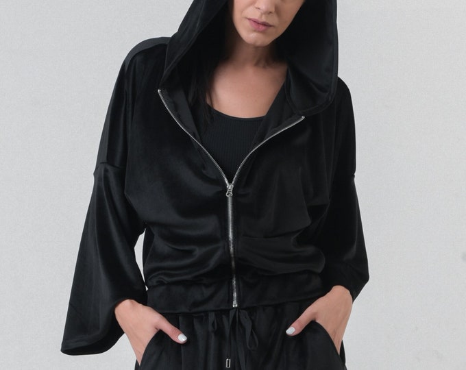 Black Zipper Top / Velvet Hoodie / Casual Hoodie / Black Sweatshirt / Bell Sleeve Blouse / Extravagant Clothing / Everyday Hoodie