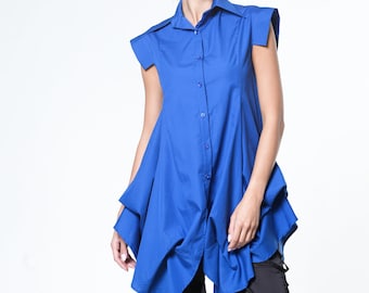 Asymmetrical Tunic / Formal Shirt / Asymmetrical Shirt / Womens Button Up Shirt / 50th Birthday Gift for Mom / Royal Blue Blouse METT0246
