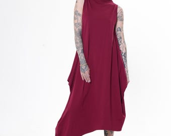 Sleeveless Cotton Dress In Burgundy / Asymmetric Elegant Dress METD0240