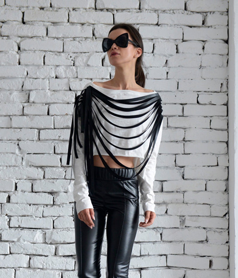 Extravagant Crop Top/White Blouse/Leather Fringe Shirt/Long Sleeve White Top/Crop Top Sweater/Asymmetric Tank Top/Black and White Casual Top White