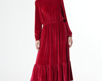 Fall Dress Women / Red Velvet Dress / Red Casual Dress / Velvet Dress Long Sleeve / Red Winter Dress  METD0204