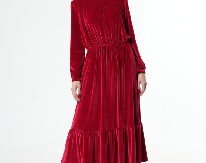 Fall Dress Women / Red Velvet Dress / Red Casual Dress / Velvet Dress Long Sleeve / Red Winter Dress