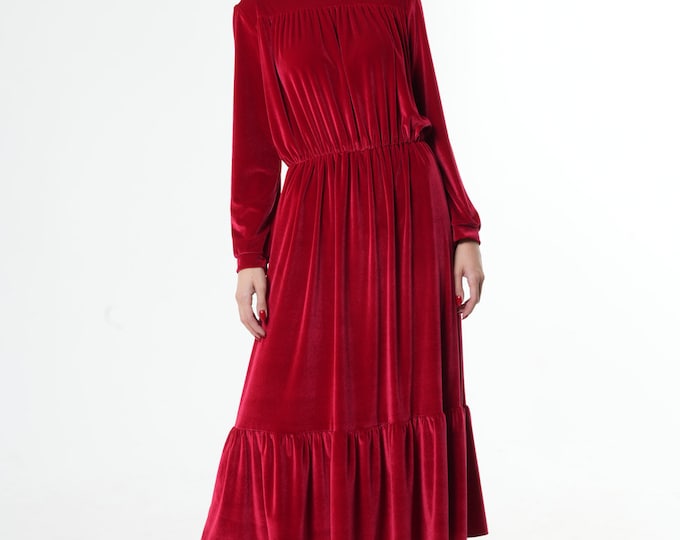 Fall Dress Women / Red Velvet Dress / Red Casual Dress / Velvet Dress Long Sleeve / Red Winter Dress  METD0204