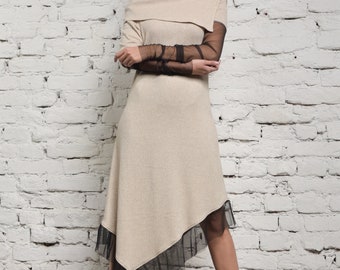 Avant Garde Dress / Mesh Sleeve Dress / Autumn Dress / Knitted Long Dress / Holiday Dress Women / Asymmetric Dress / Boho Casual Dress