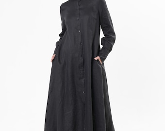 Long Sleeve Linen Dress in Black  / Long Flaire Dress / Modest Dress - METD0247_Black