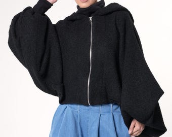 Short Bouclé Jacket / Oversize Sleeves Short Coat / Black Jacket - METC0135