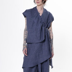 Linen Denim Tunic With Draped Collar - Long Wrap Top In Blue  - METT0294