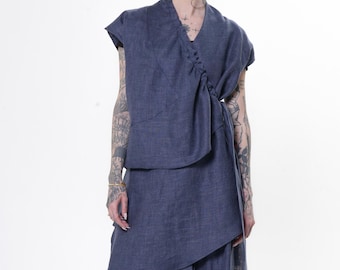 Linen Denim Tunic With Draped Collar - Long Wrap Top In Blue  - METT0294