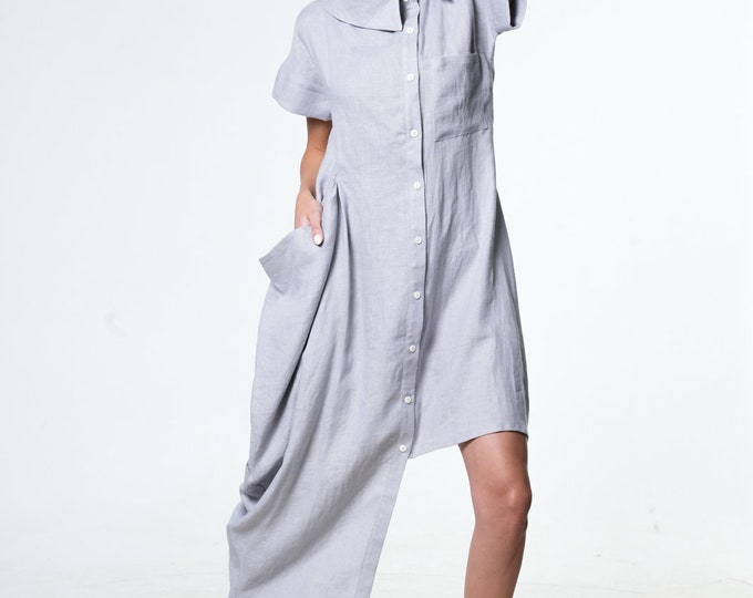 Grey Linen Shirt Dress with Short Sleeves