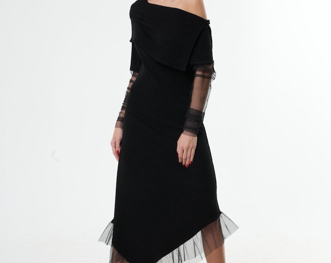 Asymmetric Off The Shoulder Mesh Dress / Soft Knitted Black Dress / Extravgant Dress With Tulle