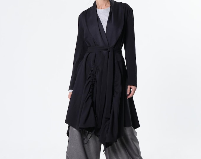 Casual Black Cardigan - Draped Belted Coat METC0160