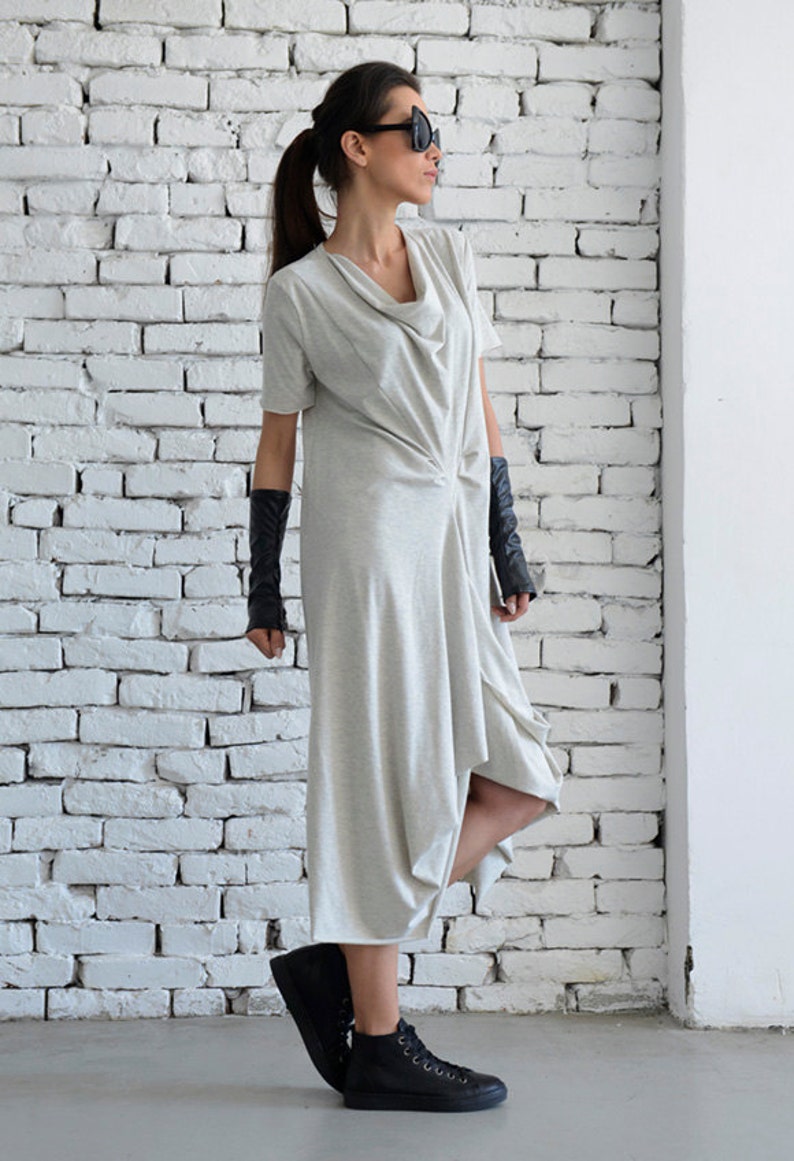Light Grey Casual Dress/Asymmetric Loose Tunic/Short Sleeve Long Top/Grey Maxi Dress/Oversize Kaftan/Plus Size Every Day Dress/Casual Tunic image 5