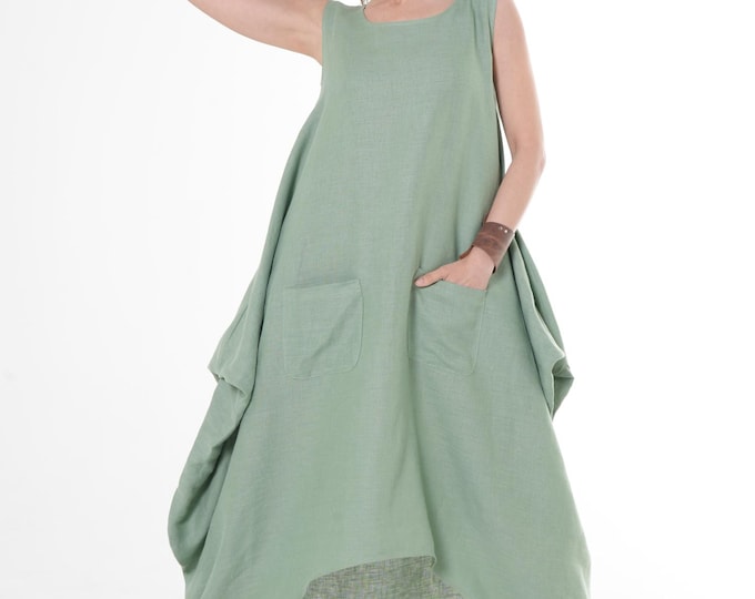 Oversize Linen Dress In Green / Maxi Summer Dress / Plus Size Linen Dress METD0253