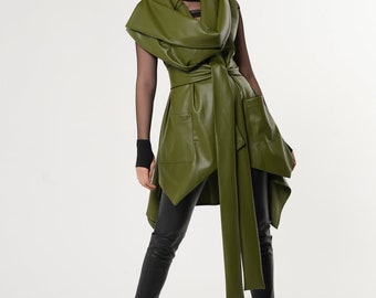 Green Asymmetric Vegan Leather Vest / Sleeveless Faux Leather Coat - METC0096