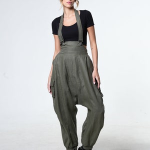 Leinen Overall / Sommer Jumpsuit / Overall mit weitem Bein / Khakifarbener Jumpsuit / Overall in Übergröße / Boho Jumpsuit / Lässiger Jumpsuit / METP0115