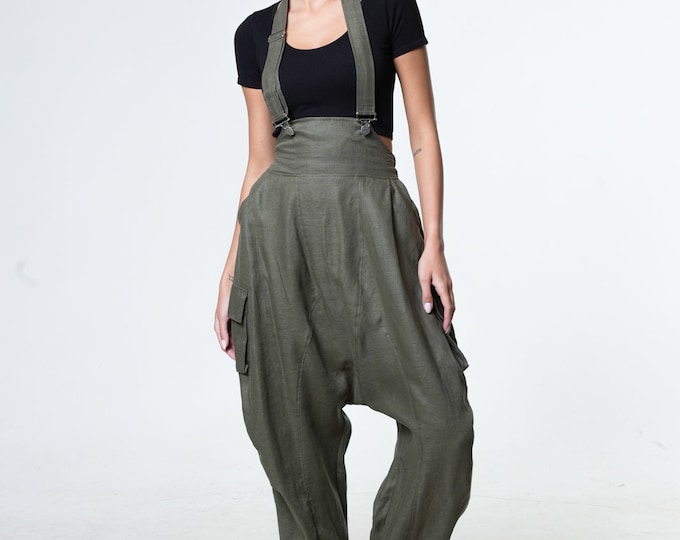Linen Overall /Summer Jumpsuit /Wide Leg Jumpsuit /Khaki Jumpsuit /Plus Size Jumpsuit /Bohemian Jumpsuit /Casual Jumpsuit / METP0115