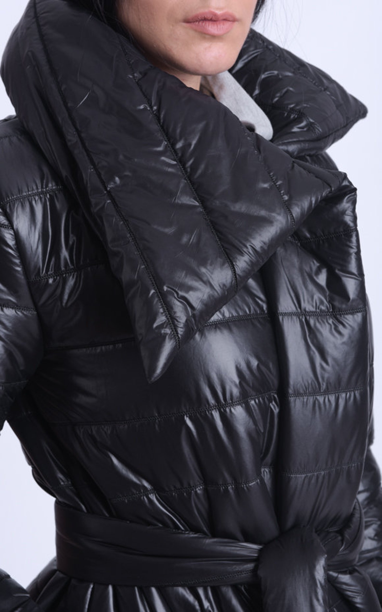 NEW Long Down Coat with Belt/Oversize Shiny Jacket/Black Etsy