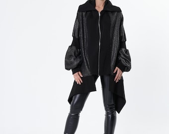 Extravagant Asymmetrical Cardigan - Oversize Metallic Coat METC0159