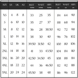 May include: Size chart for clothing with measurements in inches and centimetres. The chart includes sizes XS through 5XL with corresponding bust, waist, and hip measurements.