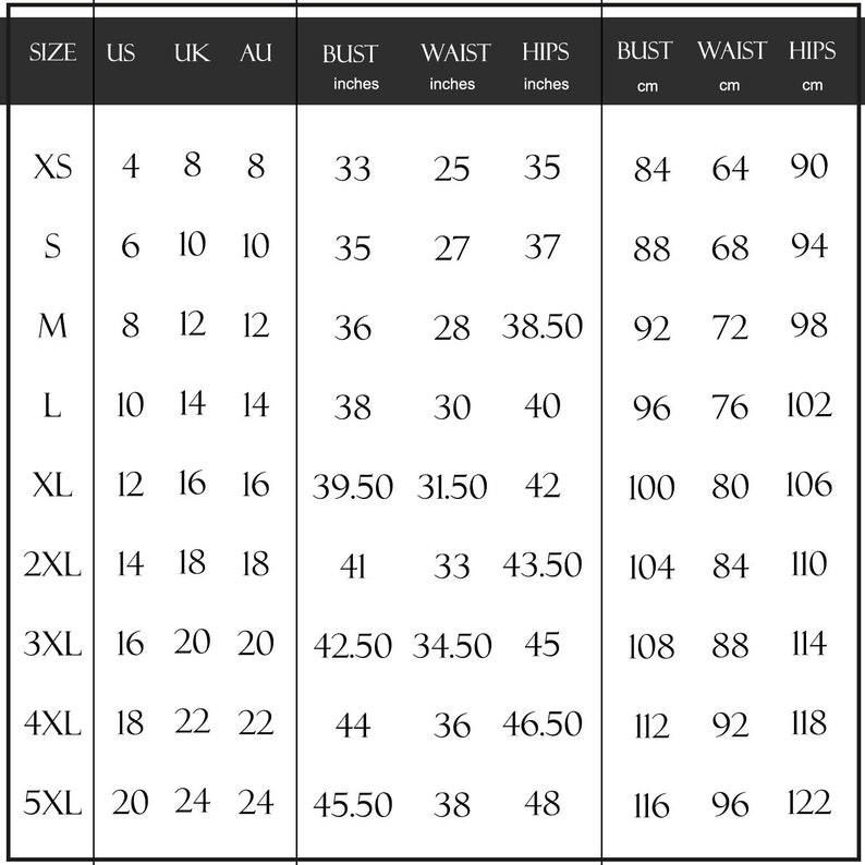 May include: Size chart for clothing with measurements in inches and centimetres. The chart includes sizes XS through 5XL with corresponding bust, waist, and hip measurements.