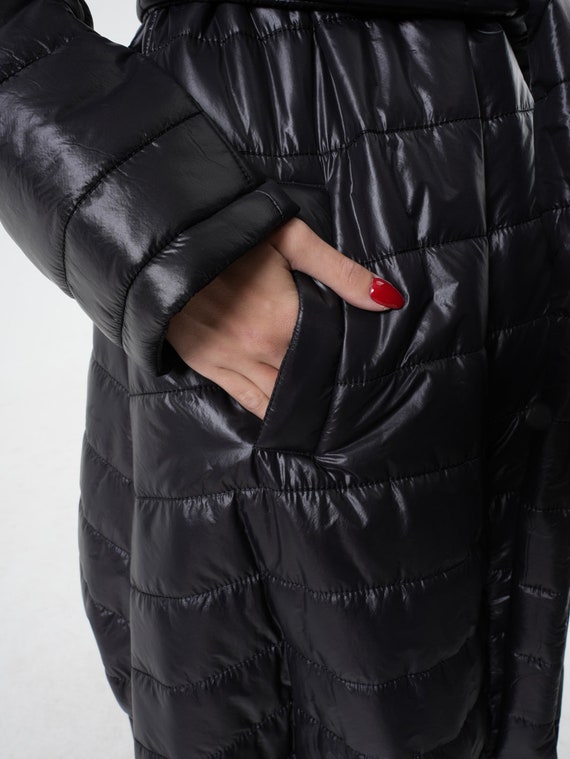 Long Coat With Belt/oversize Shiny Jacket/black Puffer Coat Long Coat With Belt/oversize Shiny Jacket/black Puffer Coat