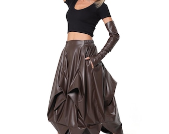 Brown Vegan Leather Midi Skirt with Sculptural Folds and Elasticated Waist METSk0055