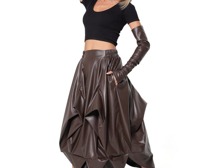 Brown Vegan Leather Midi Skirt with Sculptural Folds and Elasticated Waist METSk0055